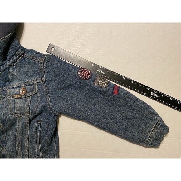 Jean Denim Jacket Boys M 5/6 LEE Pipes Hooded Fleece Lined Warm Coat Patches Y2K - Picture 8 of 16